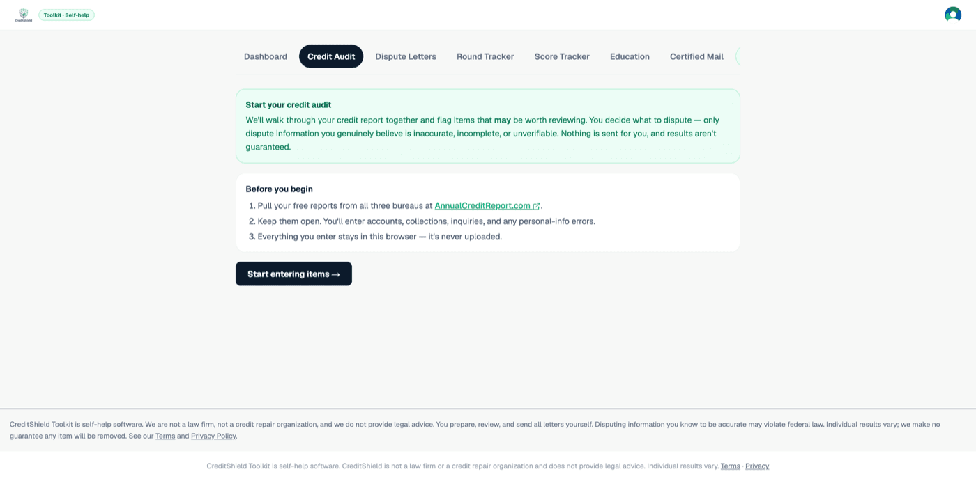 The guided Credit Audit walkthrough that flags items worth reviewing