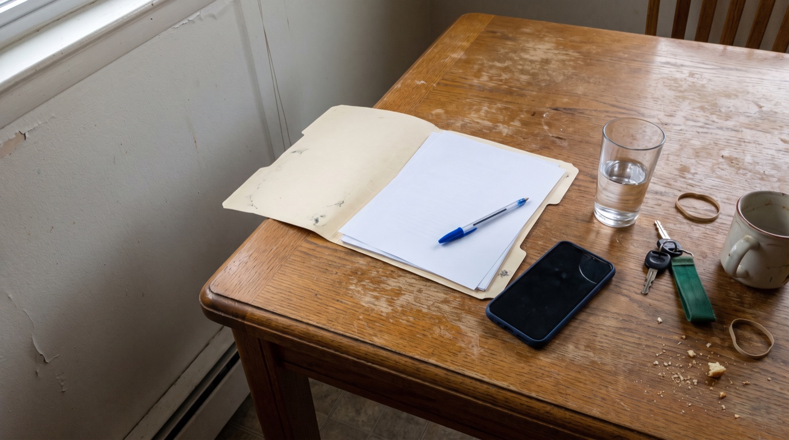 A kitchen table with an open folder of paperwork, a pen, a phone and a set of car keys
